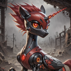 Size: 1024x1024 | Tagged: safe, imported from derpibooru, alicorn, robot, ai content, ai generated, prompter:teonanakatle, roboticization, solo, wasteland