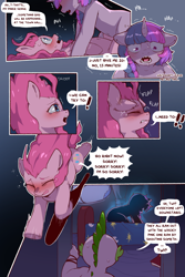 Size: 960x1440 | Tagged: safe, alternate version, artist:cold-blooded-twilight, imported from derpibooru, pinkie pie, spike, twilight sparkle, dragon, cold blooded twilight, comic:cold storm, alternate design, blushing, comic, crying, dialogue, pinkie sense, running, speech bubble