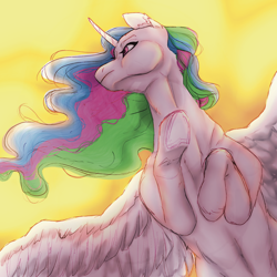 Size: 1666x1666 | Tagged: safe, artist:thelesters, imported from derpibooru, princess celestia, alicorn, pony, female, mare, solo, spread wings, windswept mane, wings