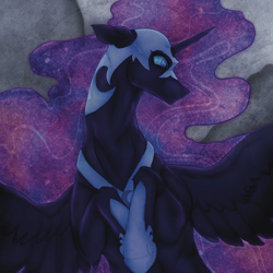 Size: 1666x1666 | Tagged: safe, artist:thelesters, imported from derpibooru, nightmare moon, alicorn, pony, armor, ethereal mane, female, floppy ears, helmet, hoof shoes, mare, peytral, solo