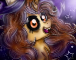 Size: 920x720 | Tagged: safe, artist:mashee, imported from derpibooru, oc, pony, unicorn, bad teeth, black eyeshadow, black sclera, brown mane, cheerful, chest fluff, clothes, costume, curly hair, demon eyes, eyeshadow, female, halloween, halloween costume, hat, holiday, horn, long hair, looking at you, makeup, moonlight, night, night background, nightmare night, open mouth, original style, ponysona, simple background, smiling, solo, stars, titan luz, vampire teeth, witch, witch hat, yellow coat