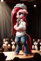 Size: 800x1169 | Tagged: safe, imported from derpibooru, pinkie pie, pony, semi-anthro, 8 mile, ai content, ai generated, bipedal, clothes, crowd, denim, eminem, female, generator:pony diffusion v6 xl, generator:stable diffusion, hat, jeans, mare, microphone, pants, pinkamena diane pie, prompter:gregorymars, rap battle, rapper pie, solo, stage, standing, sweater, tired