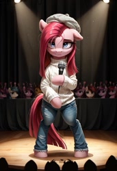 Size: 800x1169 | Tagged: safe, imported from derpibooru, pinkie pie, pony, semi-anthro, 8 mile, ai content, ai generated, bipedal, clothes, crowd, denim, eminem, female, generator:pony diffusion v6 xl, generator:stable diffusion, hat, jeans, mare, microphone, pants, pinkamena diane pie, prompter:gregorymars, rap battle, rapper pie, solo, stage, standing, sweater, tired