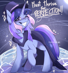 Size: 3849x4105 | Tagged: safe, artist:toxikil, imported from derpibooru, oc, oc only, oc:flawless sparklemoon, pony, unicorn, abstract background, cloak, clothes, fusion, fusion:trixie, fusion:twilight sparkle, fusion:twixie, hat, horn, looking at you, magician outfit, my little pony the movie: the death of twilight sparkle, raised hoof, solo, sweat