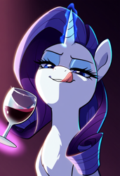 Size: 832x1216 | Tagged: safe, anonymous artist, imported from derpibooru, rarity, pony, ai content, ai generated, alcohol, female, glass, glowing, glowing horn, horn, licking, licking lips, lidded eyes, lighting, looking at you, magic, mare, simple background, solo, telekinesis, tongue out, wine