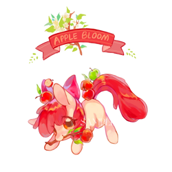 Size: 1000x1000 | Tagged: safe, artist:我有空就睡觉, imported from derpibooru, apple bloom, earth pony, pony, apple, balancing, banner, bow, female, filly, foal, food, full body, green apple, hair bow, leaf, mouth hold, ribbon, sample, simple background, smiling, solo, text, tree branch, white background