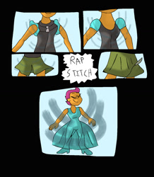 Size: 1024x1174 | Tagged: safe, artist:mojo1985, imported from derpibooru, scootaloo, human, equestria girls, cinderella, clothes, comic, dress, eyes closed, glass slipper (footwear), gown, magic, poofy shoulders, smiling, stitching, transformation, transformation sequence, transforming clothes