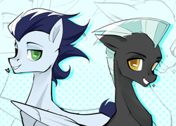 Size: 3500x2500 | Tagged: safe, artist:noz, imported from derpibooru, soarin', thunderlane, pegasus, pony, duo, duo male, grin, heart, looking at you, male, patterned background, smiling, sparkles, stallion, upper body, zoom layer