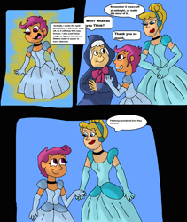 Size: 1280x1520 | Tagged: safe, artist:mojo1985, imported from derpibooru, scootaloo, human, equestria girls, adopted, adopted daughter, adopted offspring, choker, cinderella, clothes, crossover, cute, cutealoo, dialogue in the description, dress, evening gloves, fairy godmother, gloves, gown, grin, hair bun, hairband, hands together, holding hands, lipstick, long gloves, looking at each other, looking at someone, open mouth, open smile, poofy shoulders, scootadoption, scootalove, smiling, smiling at each other, trio