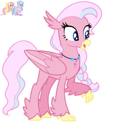 Size: 855x913 | Tagged: safe, artist:royalswirls, imported from derpibooru, fluttershy, silverstream, oc, unnamed oc, classical hippogriff, hippogriff, pegasus, pony, base used, folded wings, hippogriff oc, interspecies offspring, jewelry, magical lesbian spawn, necklace, offspring, open mouth, open smile, parent:fluttershy, parent:silverstream, parents:flutterstream, simple background, smiling, white background, wings