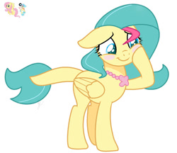 Size: 900x776 | Tagged: safe, artist:royalswirls, imported from derpibooru, fluttershy, princess skystar, oc, unnamed oc, pegasus, pony, seapony (g4), my little pony: the movie, base used, blushing, folded wings, hoof on cheek, interspecies offspring, jewelry, magical lesbian spawn, necklace, offspring, parent:fluttershy, parent:princess skystar, pegasus oc, simple background, white background, wings