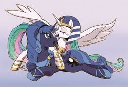 Size: 1843x1252 | Tagged: safe, artist:yukandasama, idw, imported from derpibooru, princess celestia, princess luna, alicorn, pony, reflections, spoiler:comic, alternate hairstyle, alternate universe, artemis luna, egyptian, egyptian headdress, egyptian pony, eyes closed, female, mare, mirror universe, ra celestia