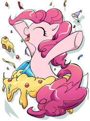 Size: 1239x1654 | Tagged: safe, artist:yukandasama, imported from derpibooru, pinkie pie, earth pony, pony, cake, confetti, cute, diapinkes, female, food, hat, mare, messy, party cannon, party hat, pocket, pocket pony, solo, tiny, tiny ponies