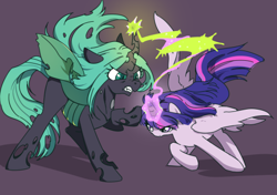 Size: 456x321 | Tagged: safe, artist:yukandasama, imported from derpibooru, queen chrysalis, twilight sparkle, alicorn, changeling, changeling queen, pony, female, fight, good vs evil, mare, twilight sparkle (alicorn)