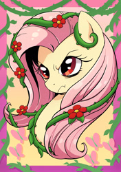 Size: 1204x1712 | Tagged: safe, artist:yukandasama, imported from derpibooru, fluttershy, pony, ponies of dark water, badass, bust, evil fluttershy, female, flutterbadass, looking away, mare, obtrusive watermark, poison ivyshy, portrait, solo, vine, watermark