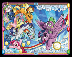 Size: 2400x1900 | Tagged: safe, artist:andy price, idw, imported from derpibooru, applejack, fluttershy, pinkie pie, princess celestia, princess luna, rainbow dash, rarity, spike, twilight sparkle, alicorn, butterfly, dragon, earth pony, pegasus, pony, unicorn, apple, balloon, cloud, comic cover, cover, cover art, deviantart watermark, dragons riding ponies, female, flying, food, frame, gemstones, horn, looking at each other, looking at someone, looking at you, male, mane seven, mane six, mare, obtrusive watermark, rainbow, riding, riding a pony, smiling, stained glass, sun, sunshine, twilight sparkle (alicorn), watermark, wrap around