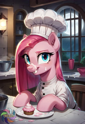 Size: 2496x3648 | Tagged: safe, imported from derpibooru, pinkie pie, pony, ai content, ai generated, chef outfit, chef's hat, cupcake, food, generator:civitai, hat, indoors, looking at you, pinkamena diane pie, prompter:trux23, smiling, smiling at you, solo