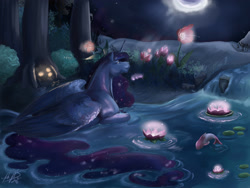 Size: 2824x2123 | Tagged: safe, artist:miidniightsuun, imported from derpibooru, princess luna, alicorn, fish, horse, pony, ethereal mane, female, flower, folded wings, horsified, lying down, mare, moon, night, prone, river, solo, starry mane, water, wings