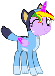 Size: 1248x1726 | Tagged: safe, artist:shieldwingarmorofgod, imported from derpibooru, oc, oc only, oc:starling shield, alicorn, alicorn oc, bluey, bluey heeler, dog costume, fefmale, horn, simple background, transparent background, wings