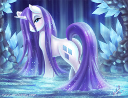 Size: 2786x2153 | Tagged: safe, artist:amelie-ami-chan, imported from derpibooru, rarity, pony, unicorn, butt, crystal, female, hair over one eye, horn, looking at you, mare, plot, solo, water, wet, wet mane, wet mane rarity