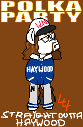 Size: 2220x3400 | Tagged: safe, artist:44nifty, imported from derpibooru, oc, oc only, oc:polka party, pony, album cover, album parody, angry, blue jacket, brown background, brown eyes, brown mane, cap, clothes, facial hair, glasses, goatee, hat, jacket, parody of a parody, ponified, ponified album cover, ponified music artist, ponified musician, ponified voice actor, scowl, signature, simple background, solo, song reference, straight outta lynwood, wavy mane, weird al yankovic, white coat