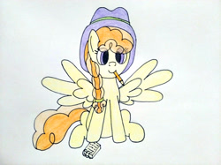 Size: 4032x3016 | Tagged: safe, artist:jakusi, imported from derpibooru, record high, pegasus, braid, eye clipping through hair, female, hair tie, hat, holding a pencil, mare, mouth hold, notebook, pencil, simple background, sitting, spread wings, traditional art, white background, wings