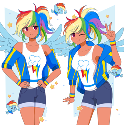 Size: 3545x3591 | Tagged: safe, artist:kittyrosie, imported from derpibooru, kotobukiya, rainbow dash, human, pegasus, pony, :p, breasts, clothes, cute, dashabetes, female, grin, hoodie, humanized, kotobukiya rainbow dash, mare, open mouth, shorts, smiling, solo, tan skin, tanktop, tongue out, winged humanization, wings