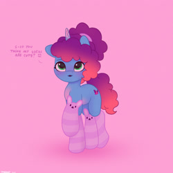 Size: 2480x2480 | Tagged: safe, artist:starburstuwu, imported from derpibooru, pony, unicorn, alternate hairstyle, blushing, clothes, cute, dialogue, female, g5, high res, horn, mare, misty brightdawn, mistybetes, pink background, raised hoof, rebirth misty, simple background, socks, solo, striped socks, talking to viewer