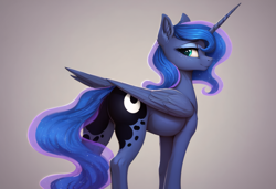 Size: 2432x1664 | Tagged: safe, imported from derpibooru, princess luna, alicorn, pony, ai content, ai generated, anonymous prompter, butt, ear fluff, female, freckles, gradient background, looking at you, looking back, looking back at you, mare, moonbutt, solo