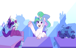 Size: 2048x1314 | Tagged: safe, artist:aztrial, imported from derpibooru, opaline arcana, princess celestia, princess luna, alicorn, pony, desk, drool, female, filly, filly celestia, filly luna, filly opaline arcana, fire, foal, g5, onomatopoeia, open mouth, open smile, raised hoof, sleeping, smiling, sound effects, trio focus, woona, younger, zzz