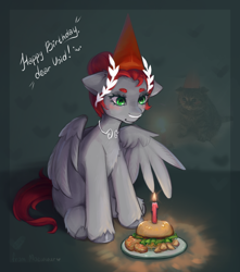 Size: 1504x1700 | Tagged: safe, artist:moewwur, artist:rin-mandarin, imported from derpibooru, oc, oc only, oc:void, pegasus, pony, birthday, burger, candle, choker, female, food, full body, green mane, hair bun, hay burger, jewelry, laurel wreath, mare, necklace, nose piercing, pegasus oc, piercing, potato, solo, wings