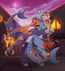 Size: 2087x2293 | Tagged: safe, artist:1an1, imported from derpibooru, oc, oc only, earth pony, human, pegasus, pony, animal costume, blushing, broom, candy, chocolate, clothes, costume, female, flying, flying broomstick, food, halloween, holiday, hug, hug from behind, male, mare, pumpkin bucket, shark costume, stallion, surprised, witch