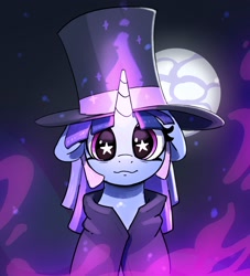 Size: 2139x2357 | Tagged: safe, artist:pabbley, imported from derpibooru, oc, oc:flawless sparklemoon, pony, unicorn, bust, cape, clothes, female, floppy ears, full moon, fusion, fusion:trixie, fusion:twilight sparkle, fusion:twixie, glowing, glowing horn, hat, horn, looking at you, mare, moon, my little pony the movie: the death of twilight sparkle, smiling, smiling at you, solo, starry eyes, top hat, wingding eyes