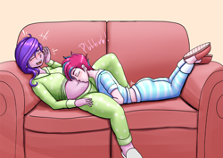 Size: 2400x1700 | Tagged: safe, artist:zachc, imported from derpibooru, pipp petals, zipp storm, human, equestria girls, belly, belly button, clothes, commission, couch, duo, equestria girls-ified, eyes closed, female, g5, lying down, open mouth, open smile, pajamas, prone, raspberry, siblings, sisters, smiling, tongue out, tummy buzz