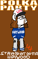 Size: 2220x3400 | Tagged: safe, artist:44nifty, imported from derpibooru, oc, oc only, oc:polka party, pony, album cover, album parody, angry, blue jacket, brown background, brown eyes, brown mane, cap, clothes, facial hair, glasses, goatee, hat, jacket, parody of a parody, ponified, ponified album cover, ponified music artist, ponified musician, ponified voice actor, scowl, signature, simple background, solo, song reference, straight outta lynwood, wavy mane, weird al yankovic, white coat