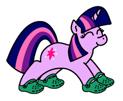 Size: 585x485 | Tagged: safe, artist:purblehoers, imported from derpibooru, twilight sparkle, pony, unicorn, crocs, eyes closed, female, horn, mare, simple background, smiling, solo, twilight crockle, unicorn twilight, white background