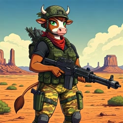 Size: 1024x1024 | Tagged: safe, imported from derpibooru, anthro, cow, series:g.i. pony: a real equestrian hero, them's fightin' herds, ai content, ai generated, arizona (tfh), bandana, capt. claymore, clothes, community related, cosplay, costume, desert, fatigues, female, g.i. joe, generator:google imagen 3.0, gun, helmet, machine gun, military uniform, prompter:zerowinger, solo, special mission brazil, uniform, vest, weapon