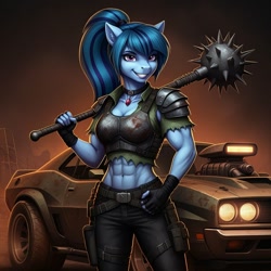 Size: 1024x1024 | Tagged: safe, imported from derpibooru, sonata dusk, anthro, earth pony, pony, series:g.i. pony: a real equestrian hero, abs, ai content, ai generated, armor, clothes, cosplay, costume, dreadnoks, equestria girls anthropized, equestria girls ponified, female, fingerless gloves, g.i. joe, gem, generator:google imagen 3.0, gloves, gradient background, midriff, morning star, muscle car, muscles, ponified, prompter:zerowinger, siren gem, smiling, solo, swolenata dusk, thrasher, torn clothes, weapon