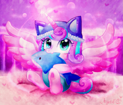 Size: 1047x890 | Tagged: safe, artist:camilla_, imported from derpibooru, princess flurry heart, alicorn, pony, baby, baby pony, chewing, cute, eating, female, filly, flurrybetes, foal, glowing, glowing horn, hat, holding, horn, looking at you, plushie, smiling, solo, spread wings, wings