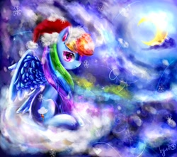 Size: 1700x1500 | Tagged: safe, artist:camilla_, imported from derpibooru, rainbow dash, pegasus, pony, christmas, cloud, crescent moon, female, hat, holiday, looking at you, mare, moon, night, on a cloud, santa hat, sitting, sitting on a cloud, smiling, solo