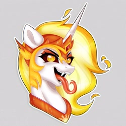 Size: 2560x2560 | Tagged: safe, artist:murny, imported from derpibooru, daybreaker, pony, unicorn, bust, fangs, gray background, horn, portrait, simple background, solo, tongue out