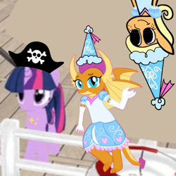 Size: 1080x1080 | Tagged: safe, imported from derpibooru, applejack, smolder, twilight sparkle, alicorn, dragon, earth pony, pony, clothes, cute, dragoness, dress, female, froufrou glittery lacy outfit, group photo, hat, hennin, jackabetes, pirate, pirate hat, princess, princess applejack, princess smolder, smolderbetes, trio, trio female, twilight sparkle (alicorn)