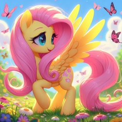 Size: 1024x1024 | Tagged: safe, imported from derpibooru, fluttershy, butterfly, pegasus, ai content, ai generated, flower, generator:bing image creator, generator:dall-e 3, outdoors, spread wings, wings, wrong cutie mark