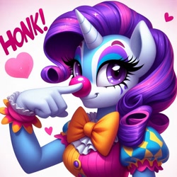 Size: 1024x1024 | Tagged: safe, imported from derpibooru, rarity, anthro, unicorn, ai content, ai generated, boop, bowtie, clothes, clown, clown nose, generator:bing image creator, generator:dall-e 3, heart, honk, horn, makeup, red nose, self-boop, wrong eye color