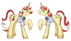 Size: 3100x1800 | Tagged: safe, artist:abonne01, imported from derpibooru, flam, flim, unicorn, brothers, duo, flim flam brothers, horn, male, profile, raised hoof, siblings, simple background, smiling, transparent background