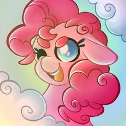 Size: 2500x2500 | Tagged: safe, artist:abonne01, imported from derpibooru, pinkie pie, earth pony, pony, bust, cloud, cute, diapinkes, female, floppy ears, mare, one eye closed, open mouth, open smile, portrait, smiling, solo, sun, wink