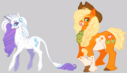 Size: 1980x1143 | Tagged: safe, artist:sweetpinkheart0, imported from derpibooru, earth pony, pony, unicorn, alternate design, duo, duo female, female, gray background, horn, mare, redesign, reference sheet, simple background, smiling