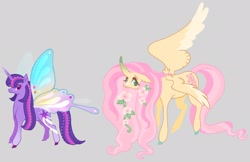 Size: 1865x1205 | Tagged: safe, artist:sweetpinkheart0, imported from derpibooru, fluttershy, twilight sparkle, pegasus, pony, alternate design, butterfly wings, duo, duo female, female, mare, redesign, reference sheet, wings