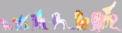 Size: 3907x1070 | Tagged: safe, artist:sweetpinkheart0, imported from derpibooru, applejack, fluttershy, pinkie pie, rainbow dash, rarity, twilight sparkle, earth pony, pegasus, pony, unicorn, alternate design, gray background, horn, mane six, redesign, simple background