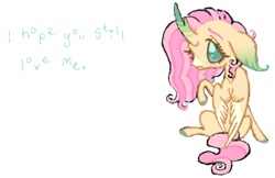 Size: 1572x1019 | Tagged: safe, artist:sweetpinkheart0, imported from derpibooru, fluttershy, pony, english, female, mare, raised hoof, solo, species swap, text